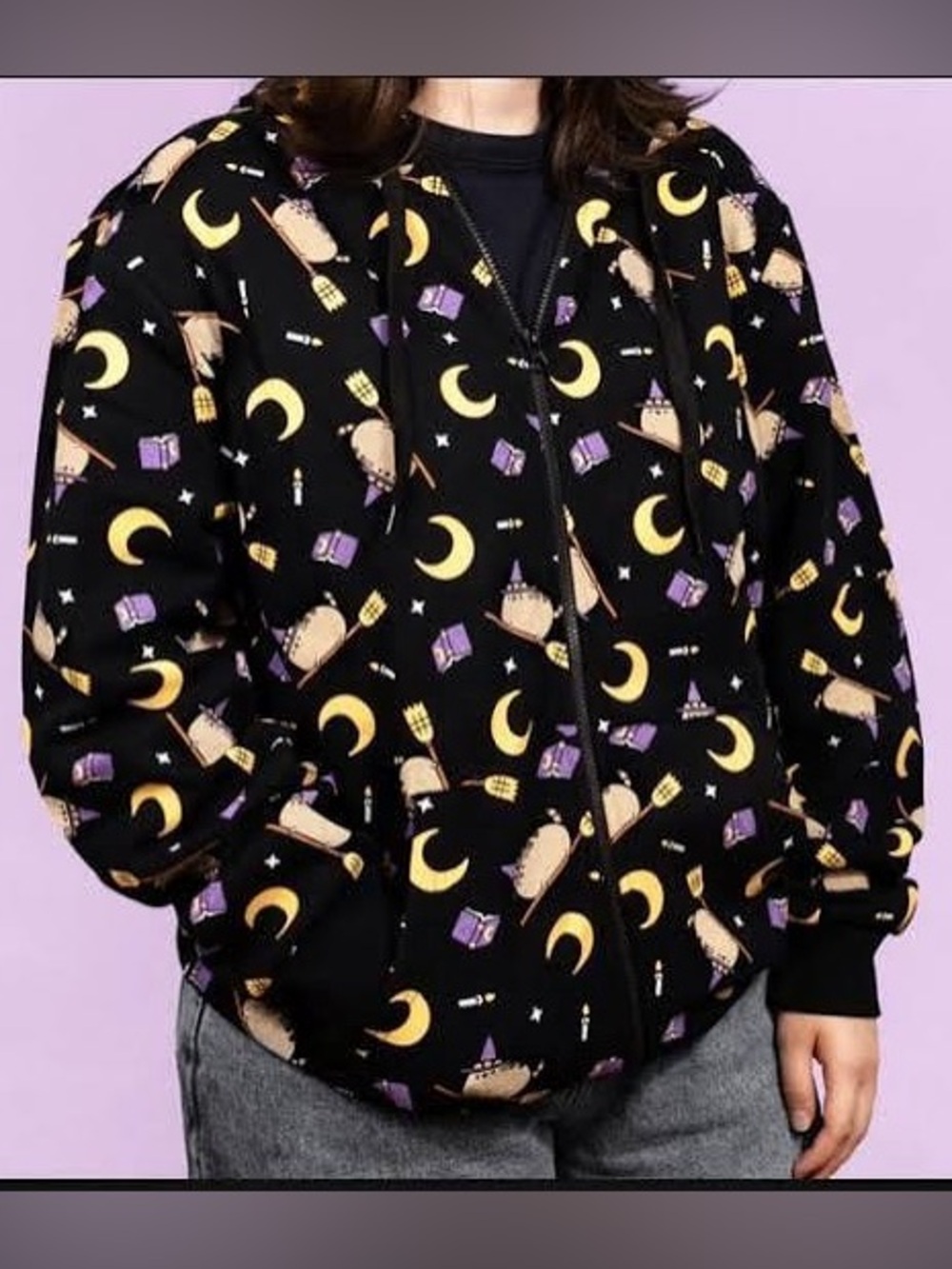Pusheen | Halloween Black Zip Hoodie with Pusheen Witch Print | Spooky Season